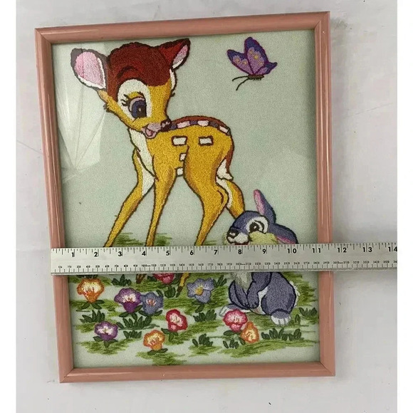 VTG Embroidery Bambi & Thumper Needlework Framed 80's MCM Wall Art 11.5"X14.5" - Picture 6 of 12